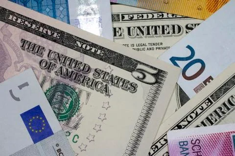 Various Euro, US dollar and Swiss franc banknotes Stock Photos