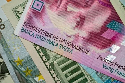 Various Euro, US dollar and Swiss franc banknotes 스톡 사진