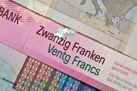Various Euro, US dollar and Swiss franc banknotes Stock Photos