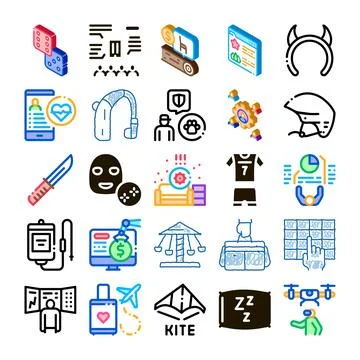 Various everyday life activities flat line isometric set Stock Illustration