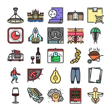 Various everyday objects and conceptual flat icons set Illustrazione stock
