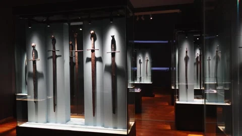 Various examples of bladed weapons in the archaeological museum of Sofia Video stock 338445893