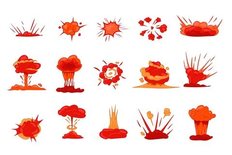 Various explosions set. Powerful red detonation of nuclear charge Stock Illustration