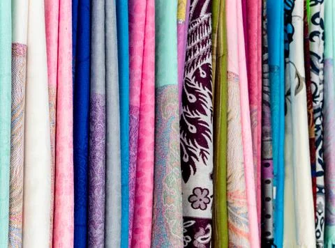 Various fabric patterns and various colors in the souvenir shop Stock Photos