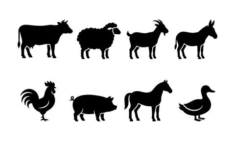 Various farm animals displayed in clean black silhouette style Stock Illustration