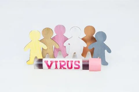 Various figures stand behind a test tube containing a blood sample labeled VI Photos
