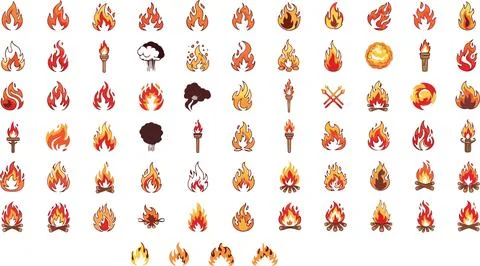 Various fire icons and flames on white background Stock Illustration