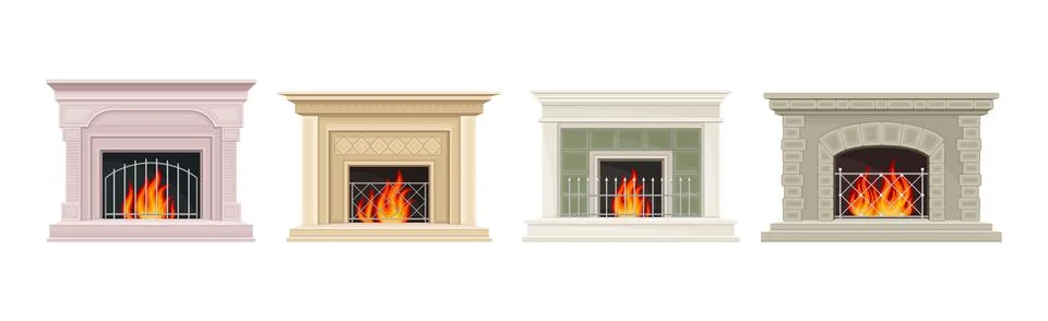 Various Fireplace with Fire in the Hearth Vector Set Ilustración de archivo