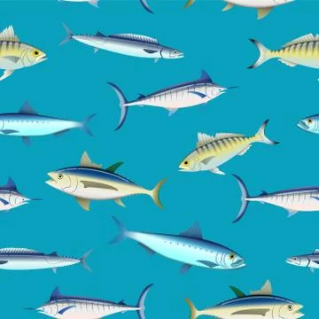 Various fish types on colored background seamless pattern Stock Illustration
