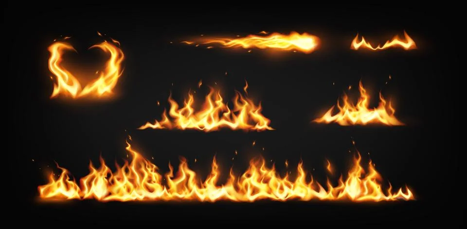 Various Flames and Fire Elements on Dark Background Illustrazione stock