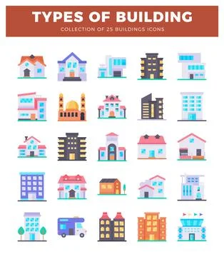 Various flat building icons in a grid layout on white background Ilustración de archivo