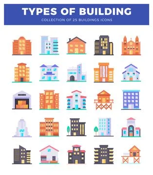 Various flat building icons in a grid on a white background Stock Illustration