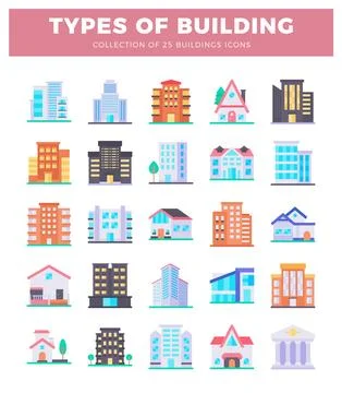 Various flat building icons presented on a white background in a grid. Ilustración de archivo