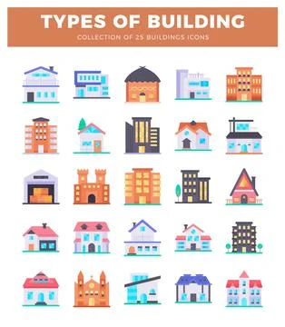 Various flat design building icons arranged in a grid on a white background Ilustración de archivo
