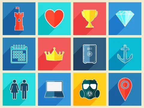 Various flat design icons with long shadow effect Stock Illustration