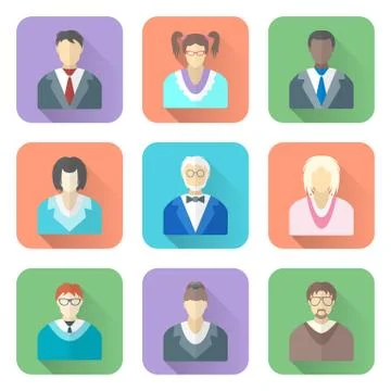 Various flat design people in glasses icons set Stock Illustration