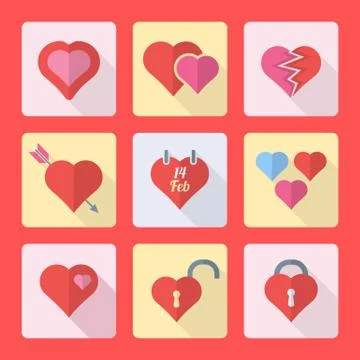 Various flat style heart icons set. Illustrazione stock