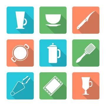 Various flat style white dinnerware icons set. Illustrazione stock