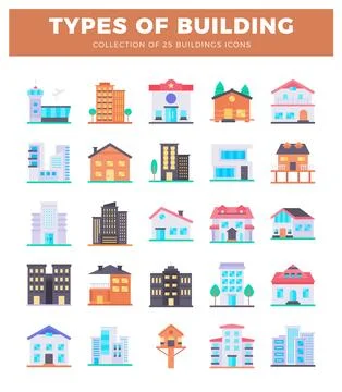 Various flat vector icons showcase diverse building types including residen.. Stock Illustration