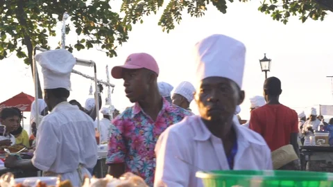 Various food stalls installed on the beach Stock Footage 85780452