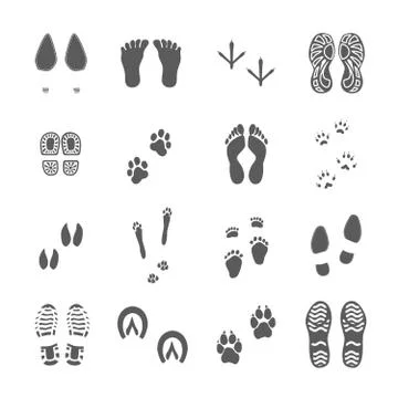 Various Footprints Set Black On White 库存插图
