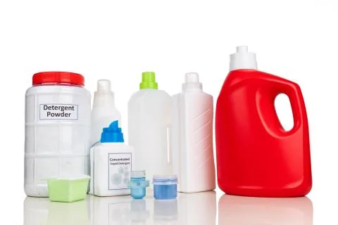 Various format of powder and liquid laundry detergent against white backgroun Foto stock
