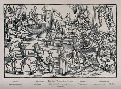 Various forms of mutilation and torture including scourging, beheading, bur.. Stock Illustration
