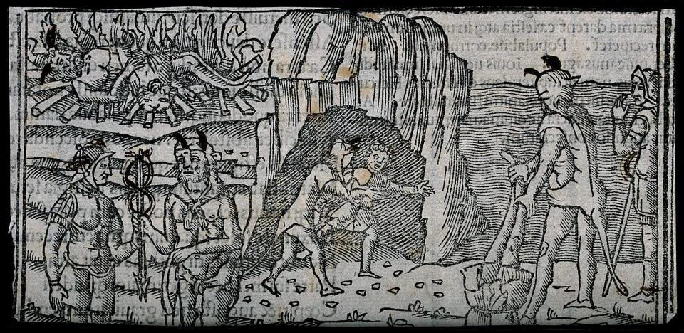 Various forms of torture, including a man being burnt alive and a man being.. Stock Illustration
