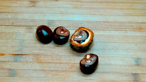 Various fresh chestnuts coming from background on surface. Видео 211858460