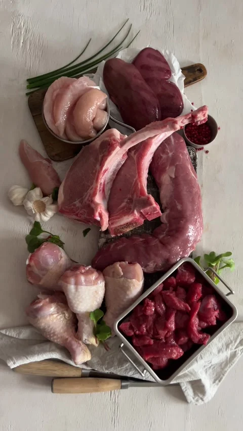 Various fresh raw meat. Top view Stock Footage 338053550