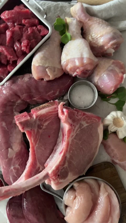 Various fresh raw meat. Top view Stock Footage 338053554