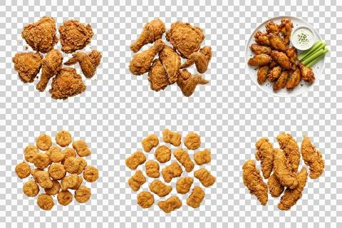 Various fried chicken pieces including wings nuggets tenders on transparent.. Foto stock