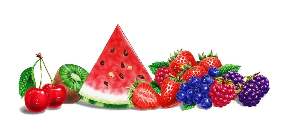 Various fruit composition, on white background. Airbrush illustration. Stock Illustration