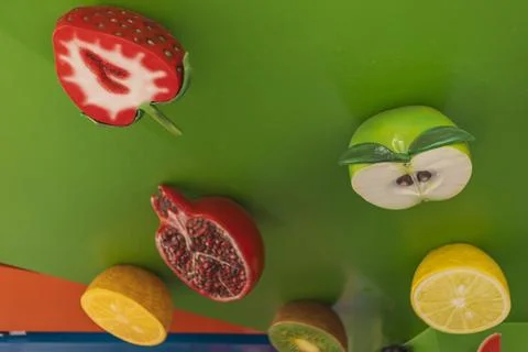 Various fruit shapes are presented on a bright green surface in a market. The 写真素材