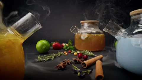 Various fruit teas on a dark background. Stock Footage 300465526