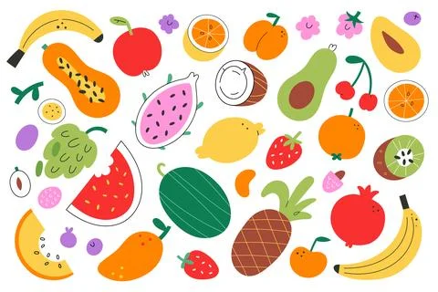 Various fruits bundle, cute mango, kiwi, peach and banana illustration, tropical Stock Illustration