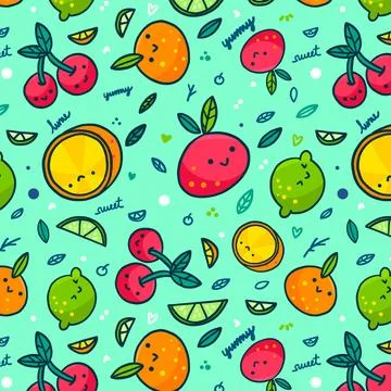 Various fruits with faces seamless pattern Stock Illustration