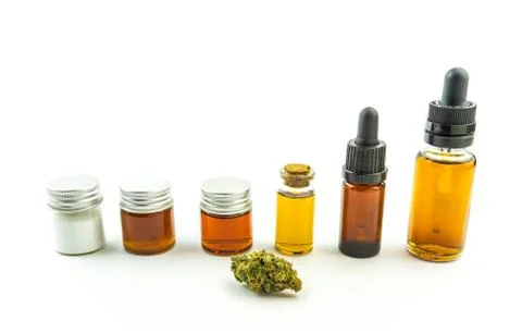 Various Full spectrum CBD Cannabidiol oils, resin, crystals isolate and hemp Stock Photos