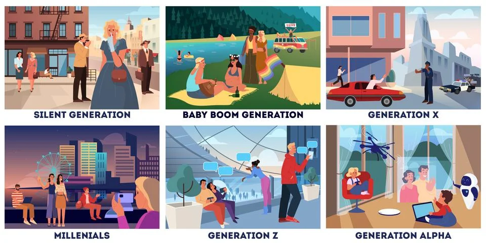 Various generations representation set. Social groups concept Illustrazione stock