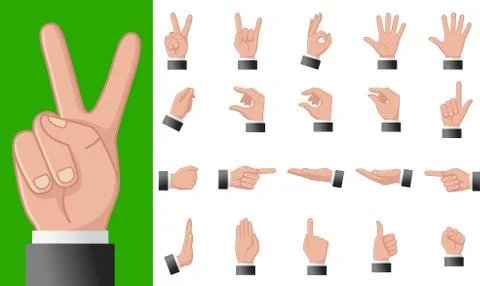 Various gestures of human hands isolated on a white background. Vector flat Stock Illustration