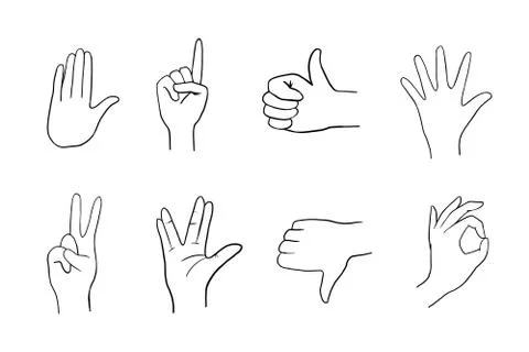Various gestures of human hands. Vector linear illustration. Vector flat illu Stock Illustration