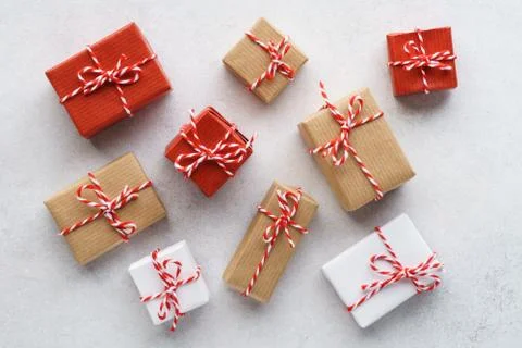 Various gift boxes on gray background. Flat lay. Sale concept. Stock Photos