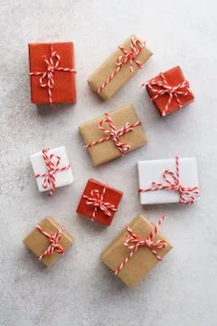 Various gift boxes on gray background. Flat lay. Sale concept. Stock Photos