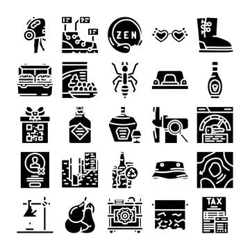 Various glyph icons representing objects and abstract concepts Stock Illustration