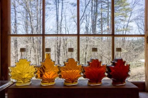 Various Grades Of Delicious Vermont Maple Syrup Lined Up On A Windowsill Stock Photos