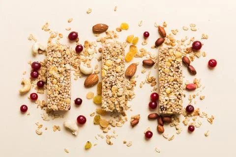 Various granola bars on table background. Cereal granola bars. Superfood br.. Stock Photos