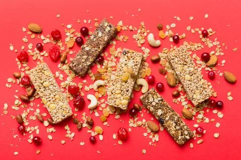 Various granola bars on table background. Cereal granola bars. Superfood brea Stock Photos