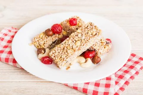 Various granola bars on table background. Cereal granola bars. Superfood br.. Stock Photos
