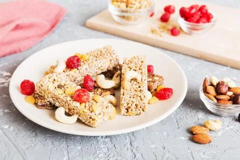 Various granola bars on table background. Cereal granola bars. Superfood br.. Stock Photos