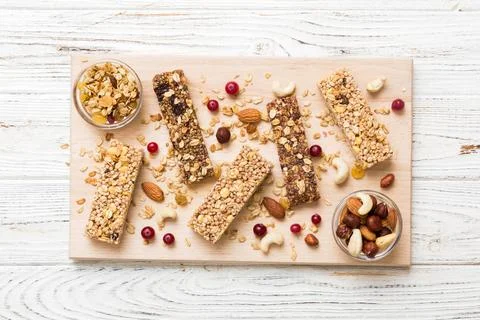 Various granola bars on table background. Cereal granola bars. Superfood br.. Stock Photos